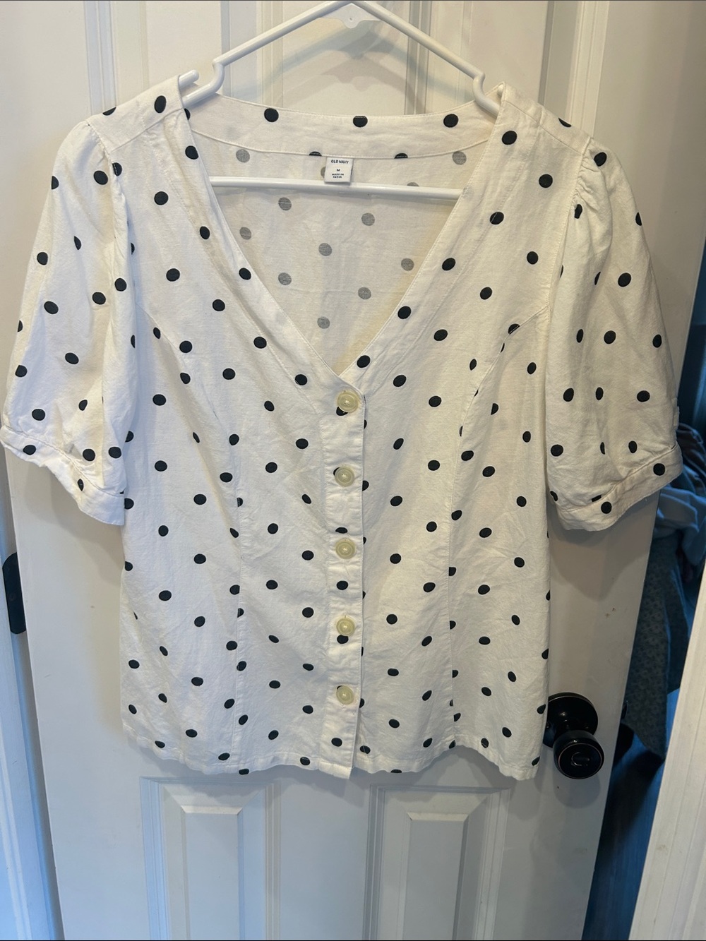 Polka Dot V-Neck Button Front Women’s Top - White/Navy